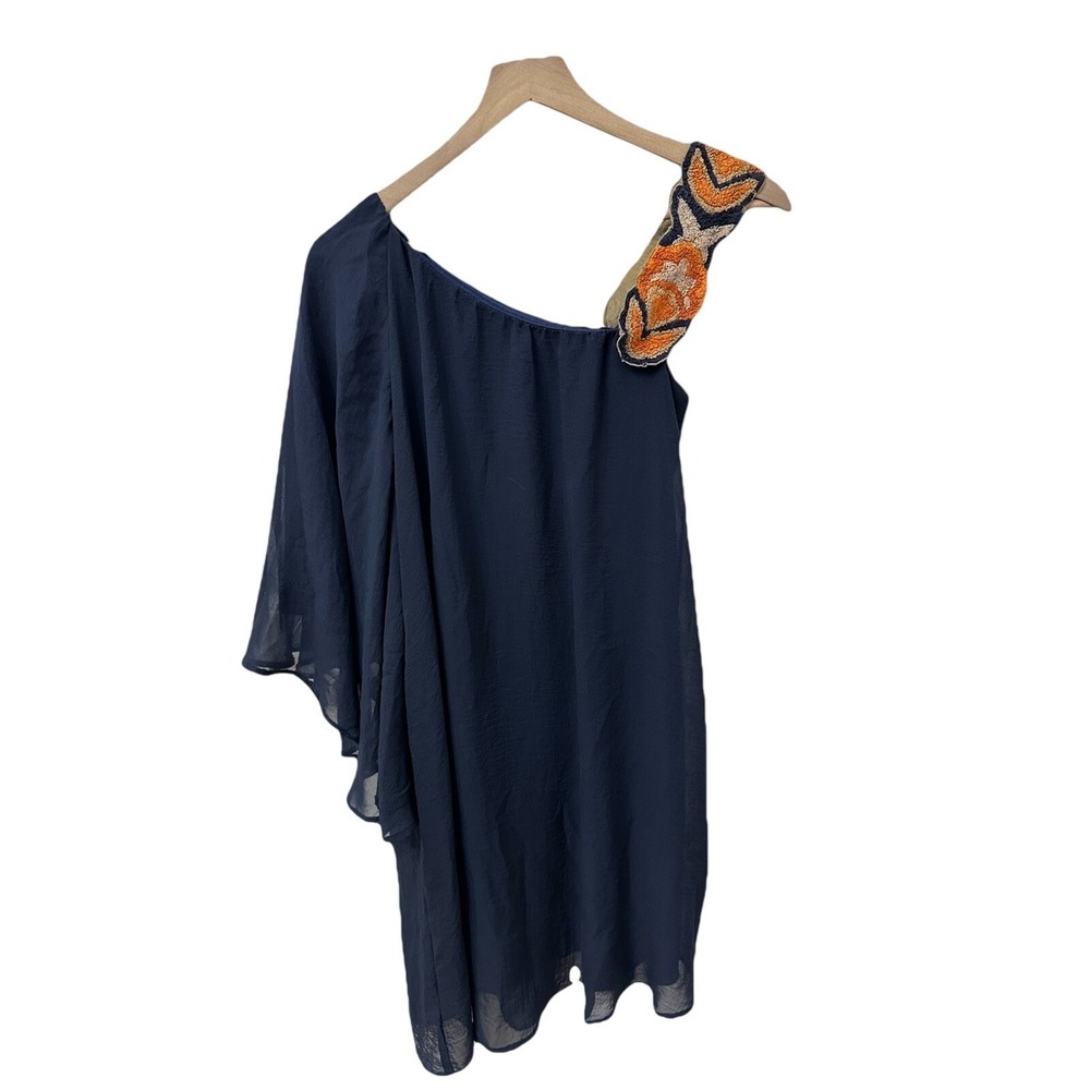 Judith March One Shoulder Dress Medium Navy‎ Blue Embroidered Strap Bell Sleeve